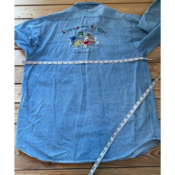 Vintage M&M’s Button Up Denim Shirt Size XL Blue Embroidered Laughing It Up - Picture 7 of 10